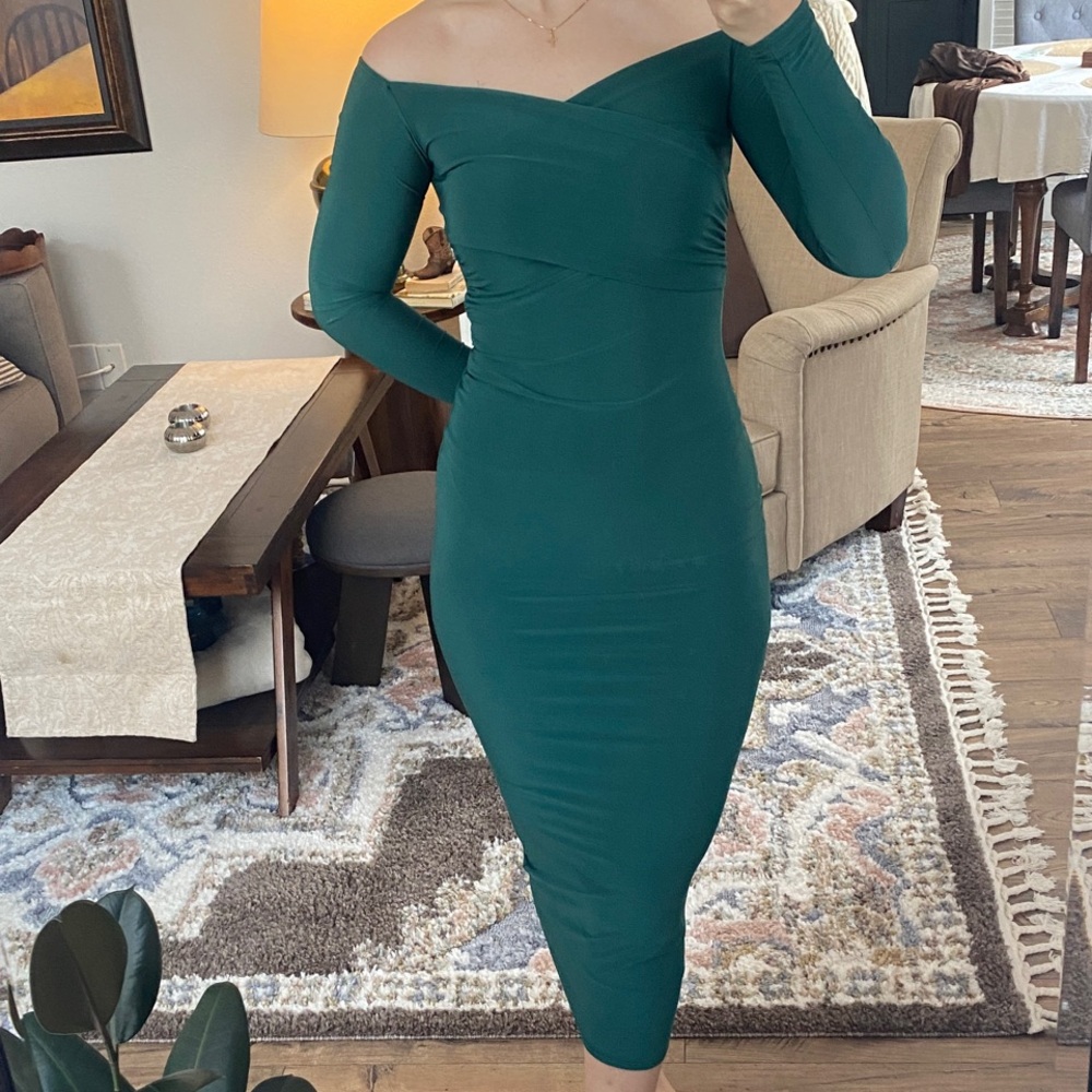 Teal Long Sleeve Off-Shoulder Dress